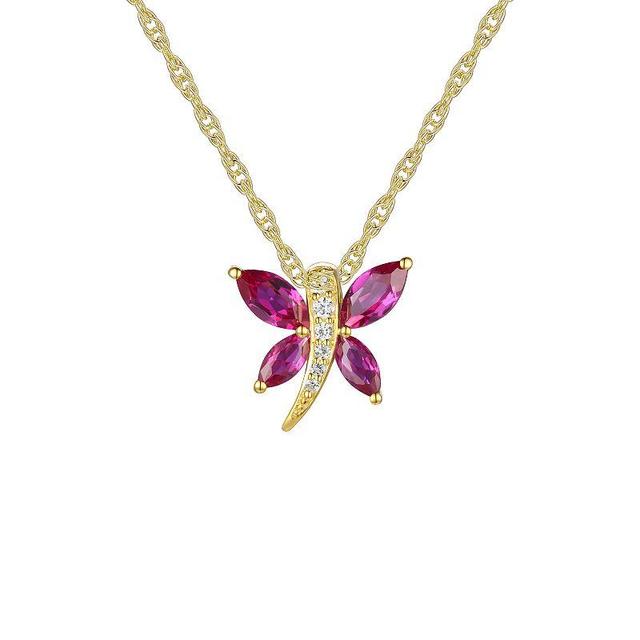 14k Gold Over Silver Lab-Created Ruby & White Sapphire Butterfly Pendant Necklace, Womens Gold Tone Product Image