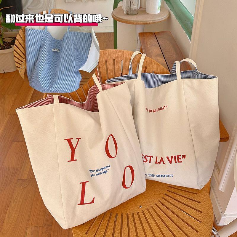 Lettering Embroidered Canvas Tote Bag Product Image