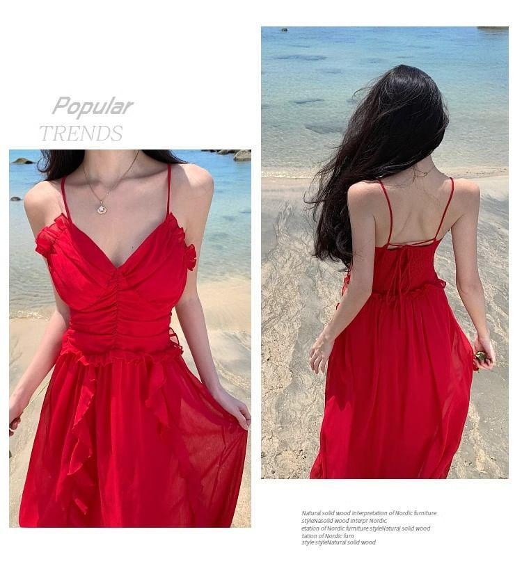 Spaghetti Strap V-Neck Plain Maxi A-Line Dress Product Image