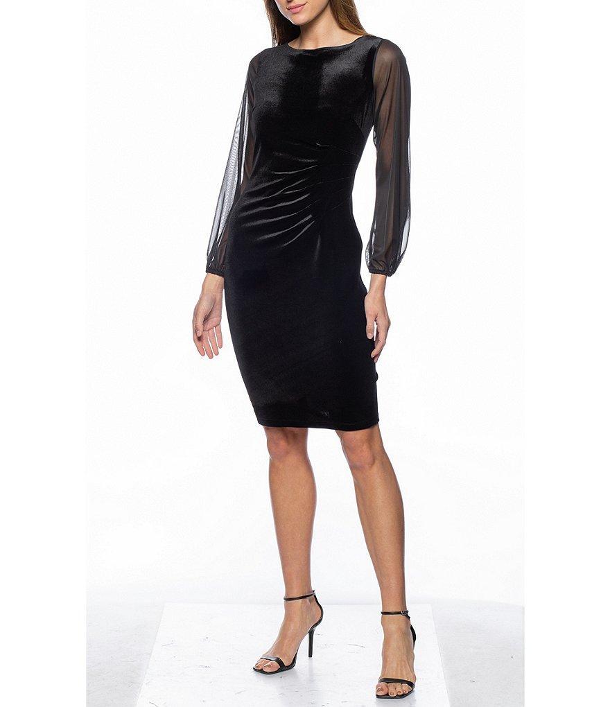 Marina Long Sheer Sleeve Crew Neck Stretch Velvet Sheath Dress Product Image