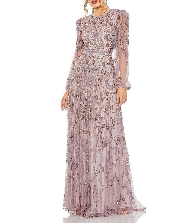 Mac Duggal Beaded Long Illusion Puffed Sleeve A-Line Gown Product Image