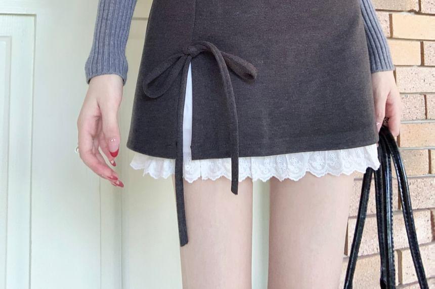 High Waist Bowknot Slit Lace Trim Mini A-Line Skirt Product Image