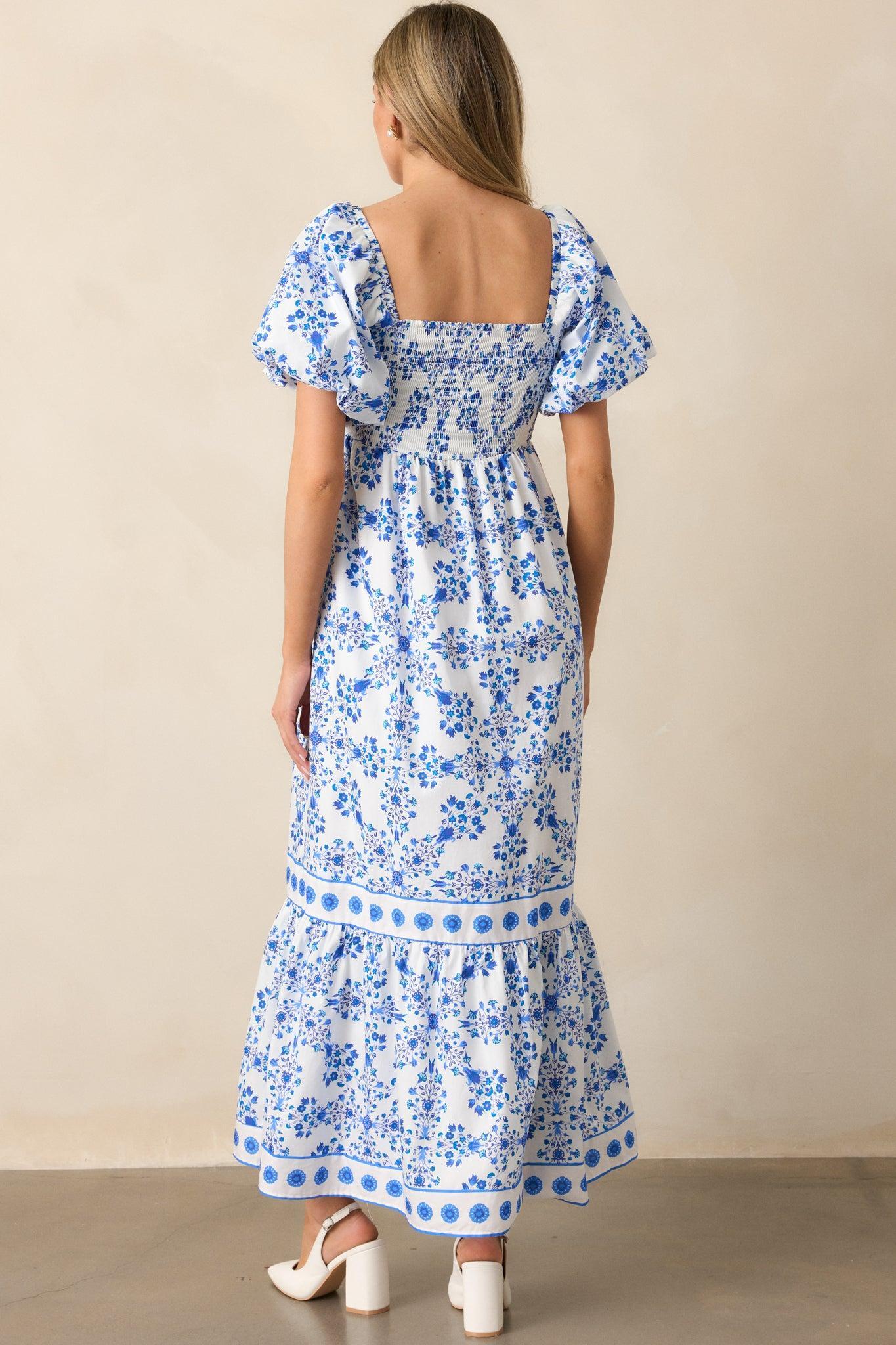 Rosewater Skies Cotton Royal Blue Floral Maxi Dress Product Image