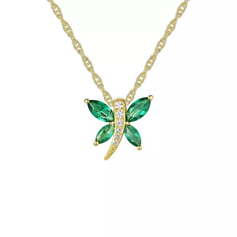 14k Gold Over Silver Lab-Created Emerald & White Sapphire Butterfly Pendant Necklace, Womens Gold Tone Product Image