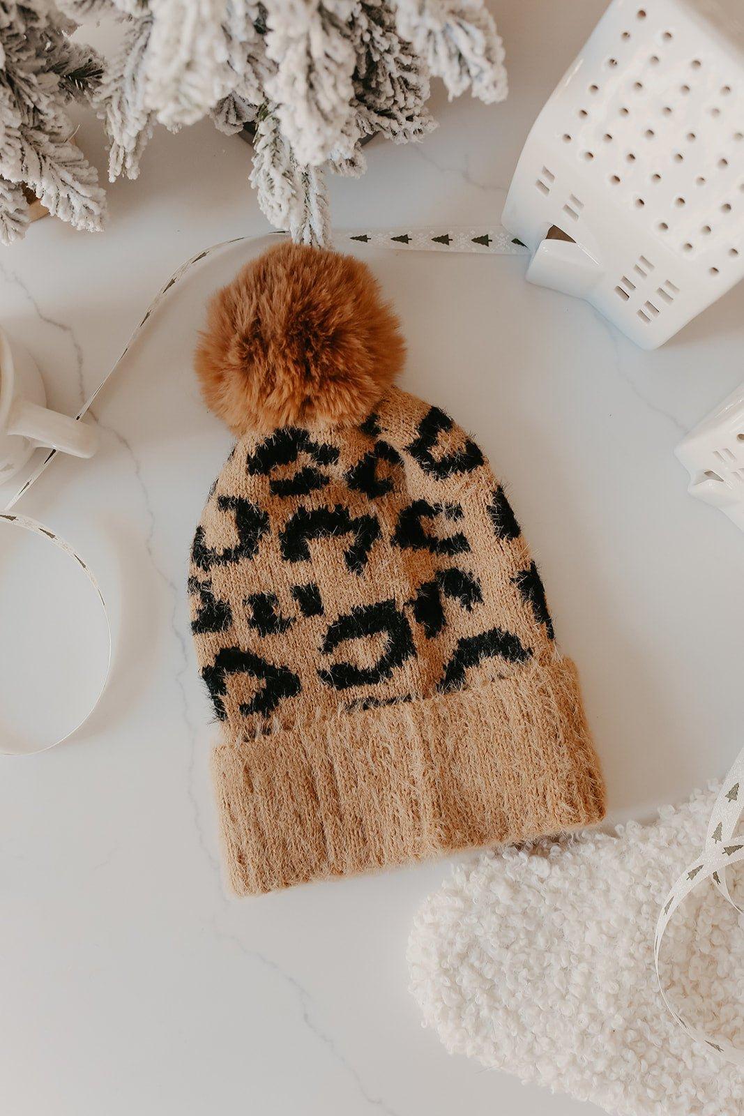 Fuzzy Leopard Print Pom Beanie Product Image