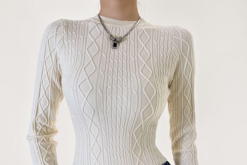 Long-Sleeve Crew Neck Plain Cable-Knit Bodysuit Top  Product Image