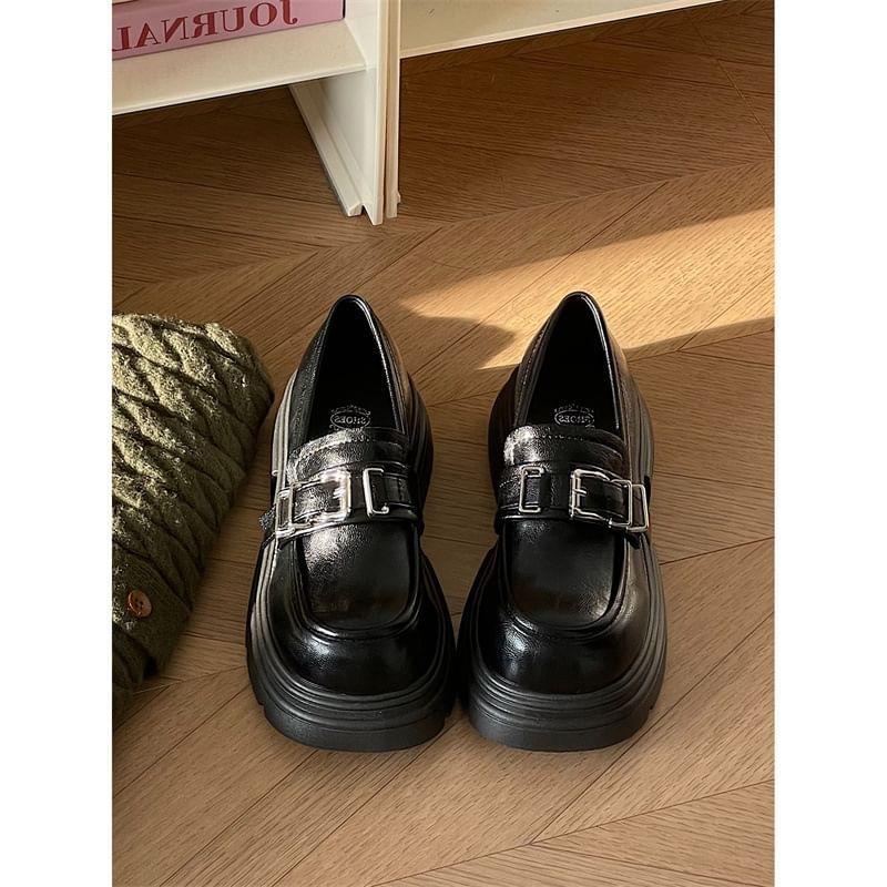 Platform Plain Buckled Faux Leather Loafers Product Image