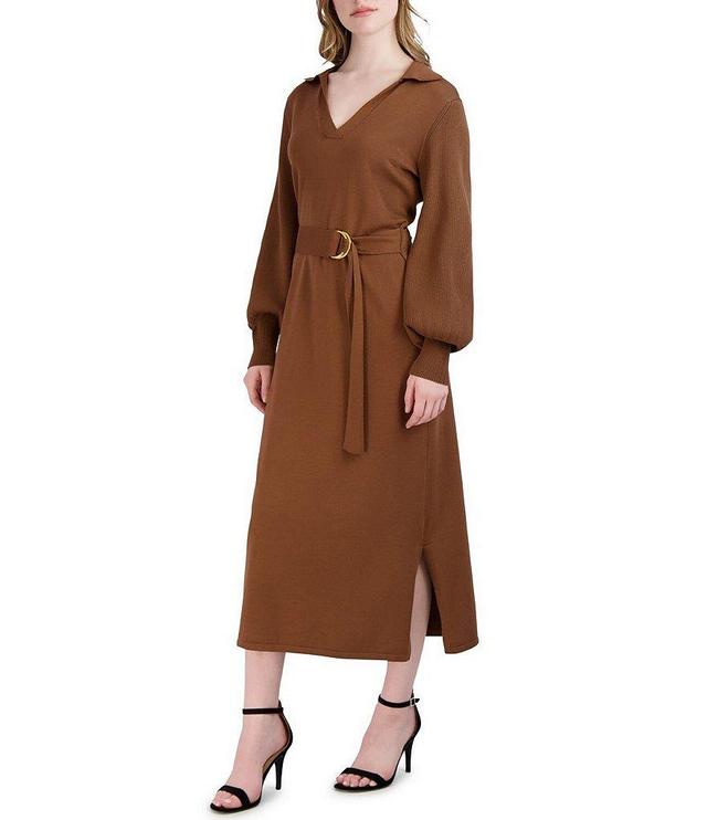 Julia Jordan Collar Split V Neck Knit Balloon Sleeve Midi Dress Product Image