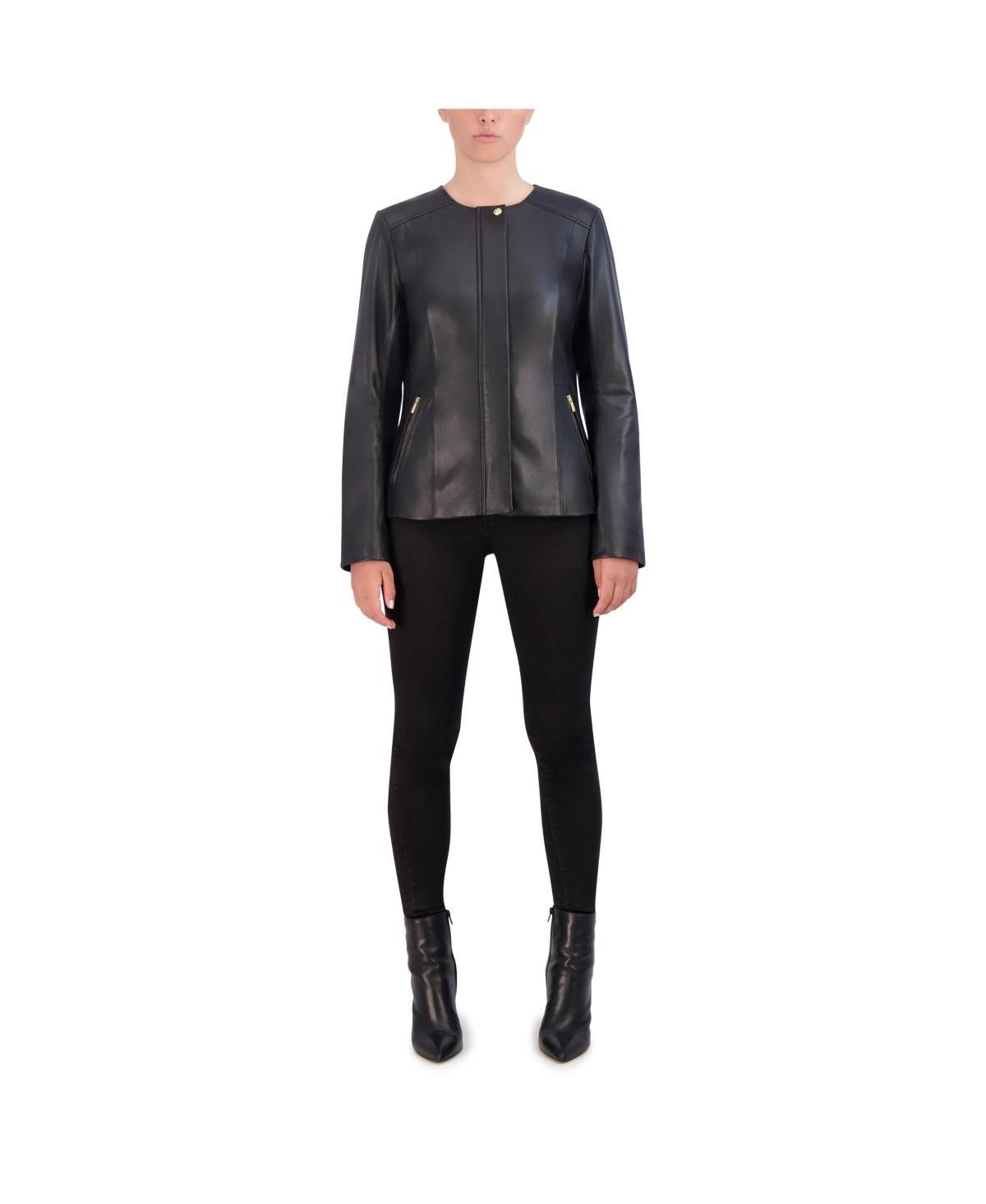 Women's Collarless Leather Jacket Product Image