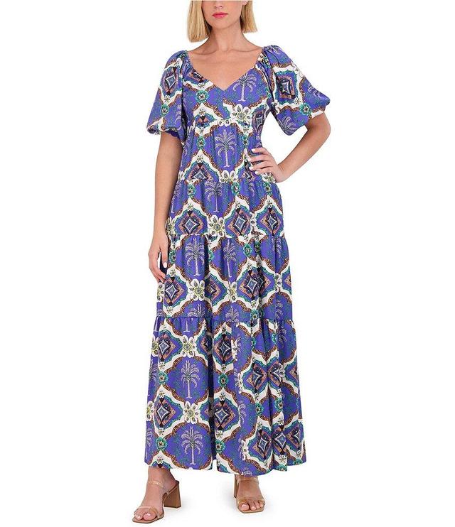 Vince Camuto V-Neck Short Puff Sleeve Cinched Tie Open Back Empire Waist Tiered Maxi Dress Product Image