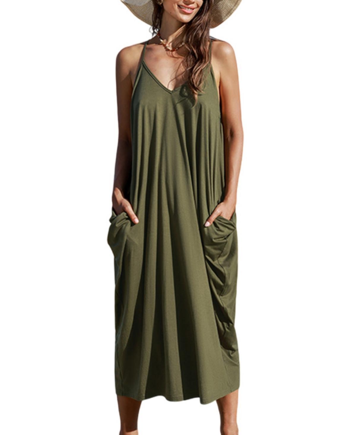 Cupshe Womens Olive Sleeveless V-Neck Loose Fit Maxi Beach Dress Product Image