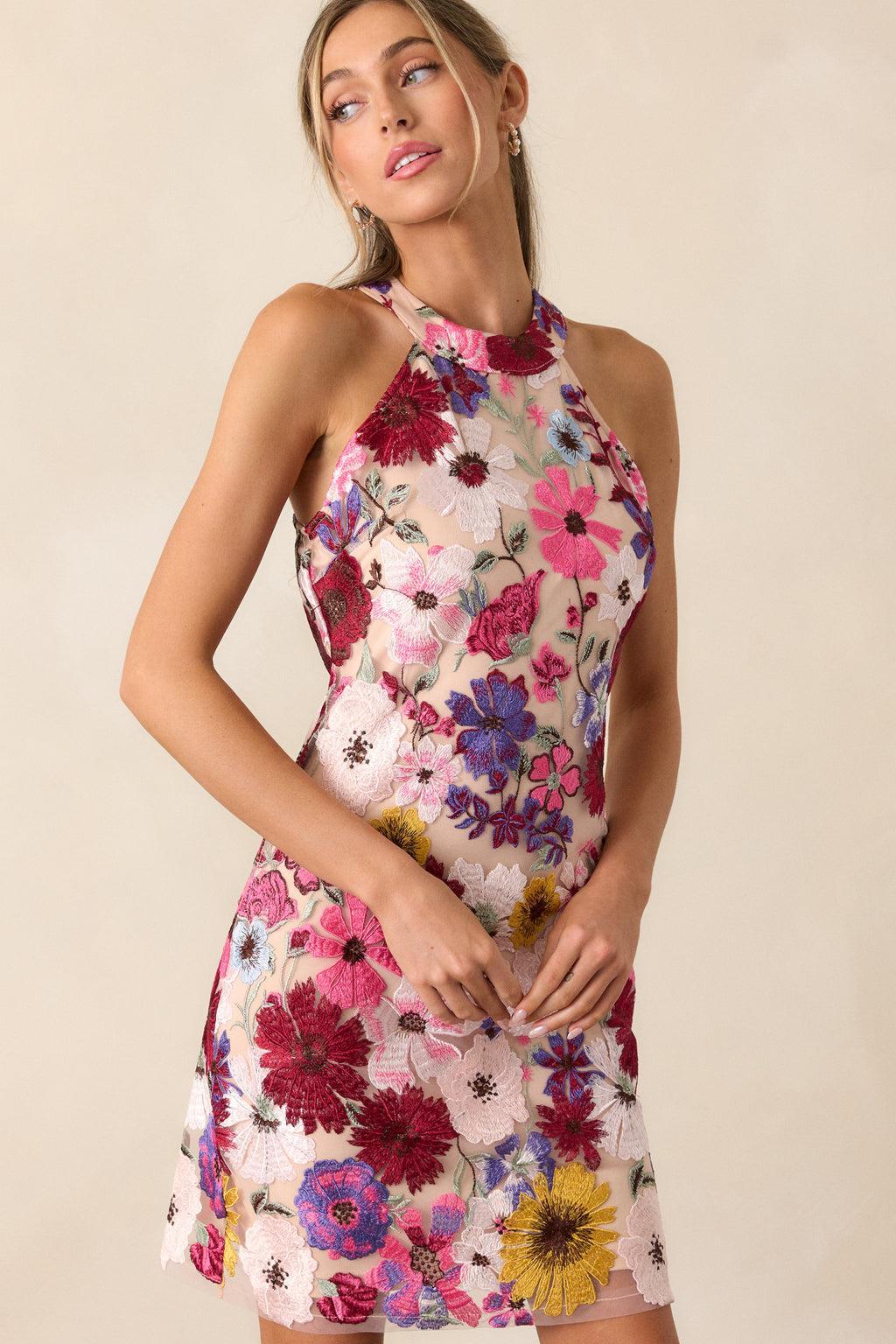 Elegantly Enchanted Fuchsia Multi Floral Mini Dress Product Image