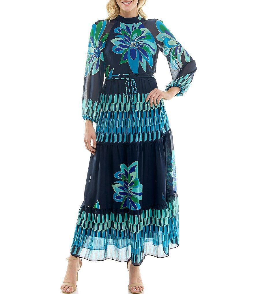 Maison Tara Long Sleeve Mock Neck Floral Tie Waist Maxi Dress Product Image