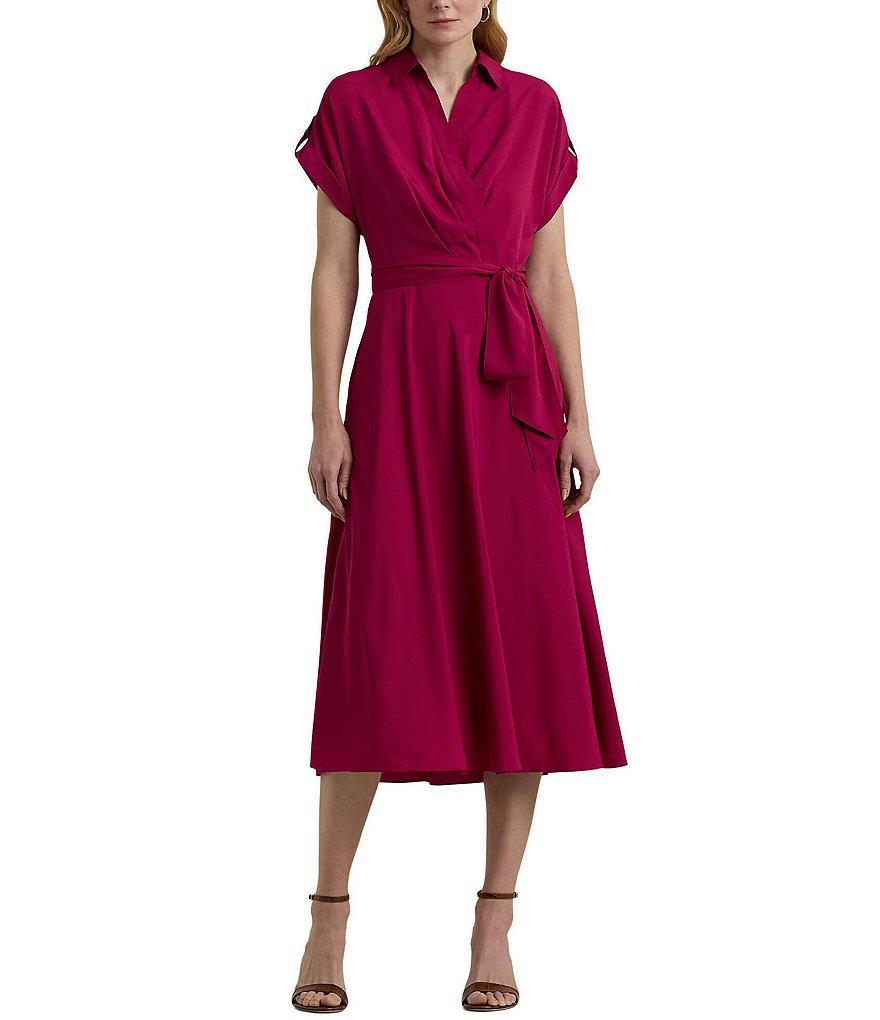 Lauren Ralph Lauren Fratillio Crepe Surplice Collar Neck Short Roll Tab Sleeve Tie Waist Midi Dress Product Image