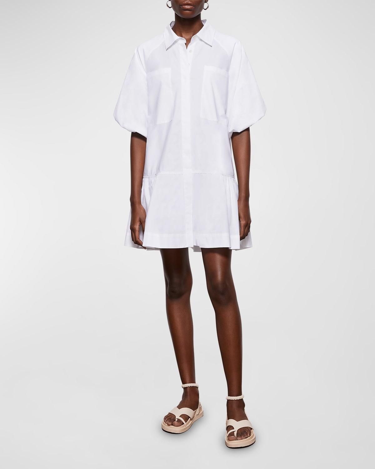 Jonathan Simkhai Standard Chrissy Puff-Sleeve Cotton Poplin Mini Shirtdress - Size: LARGE - WHITE Product Image