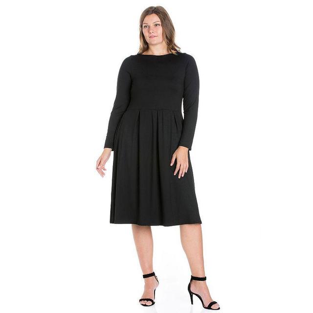 Plus Size 24seven Comfort Apparel Long Sleeve Fit and Flare Midi Dress, Womens Black Product Image