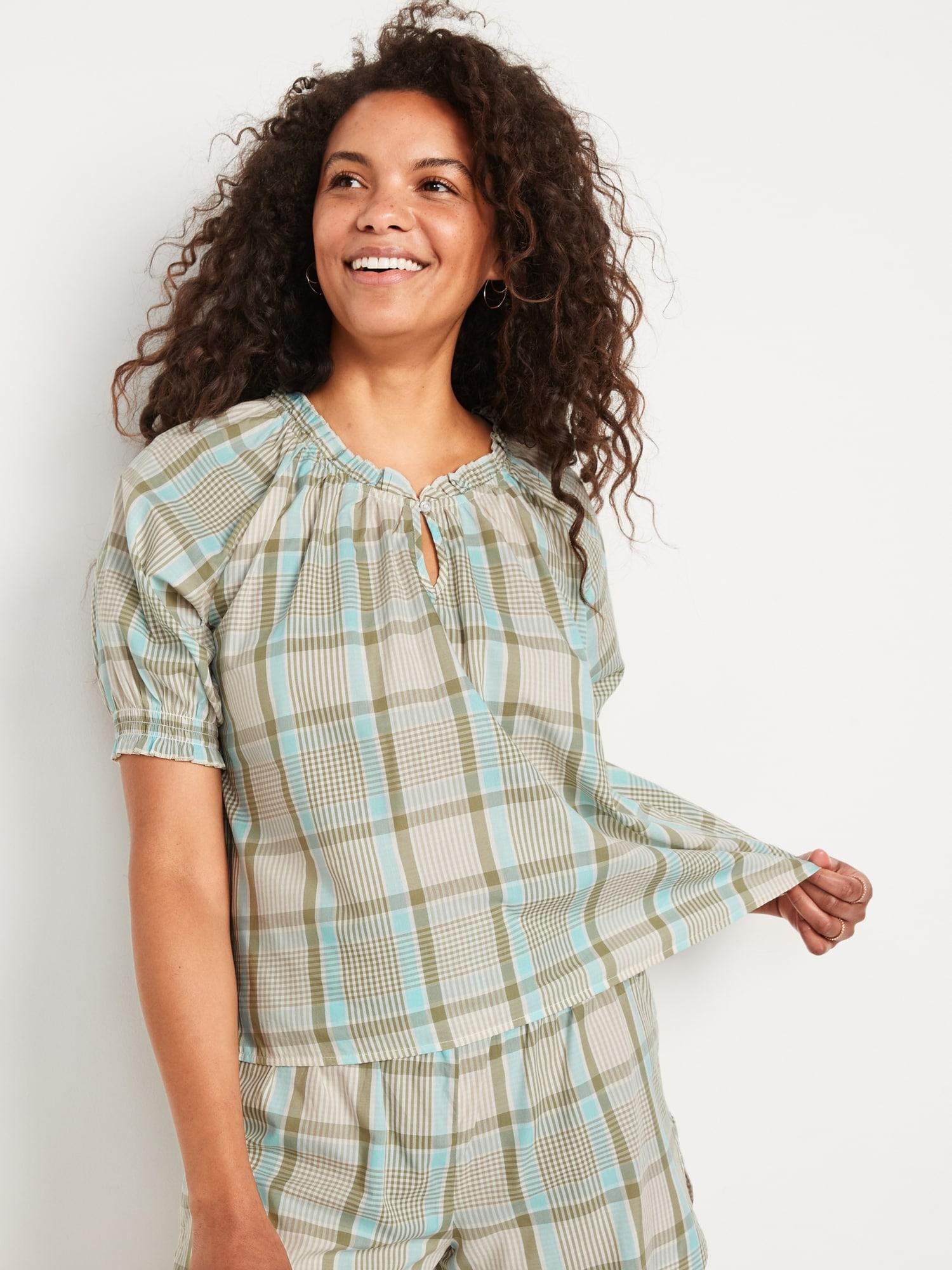 Plaid Smocked-Sleeve Pajama Top for Women Product Image