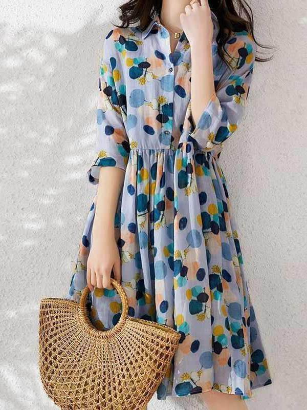 Original Polka-Dot Lapel Short Sleeves A-Line Midi Dress Product Image