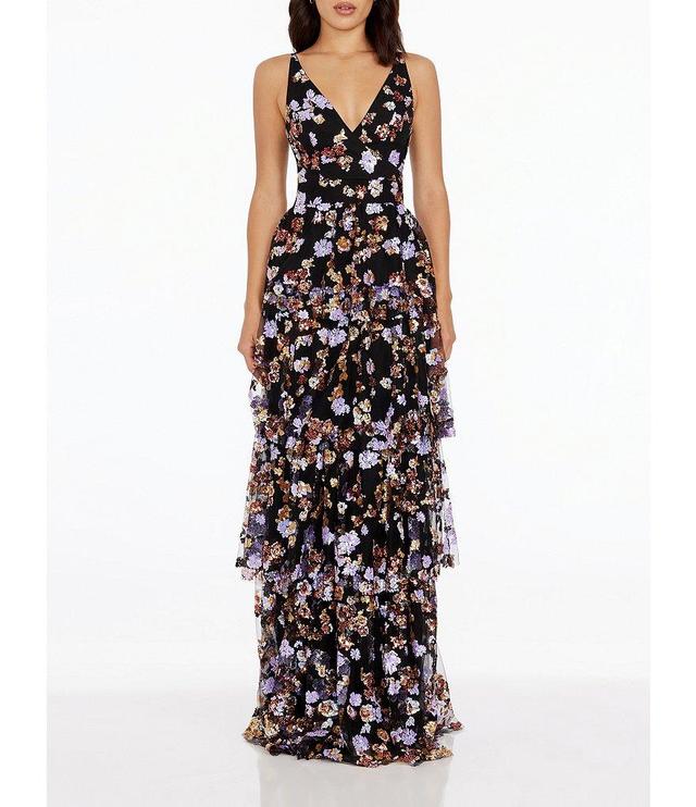 Dress the Population Lorain Floral Sequin V-Neck Sleeveless Tiered Gown Product Image