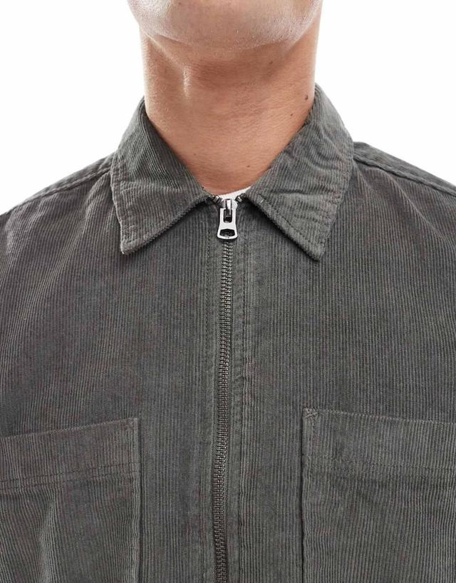 ONLY & SONS zip up cord overshirt in dark khaki Product Image