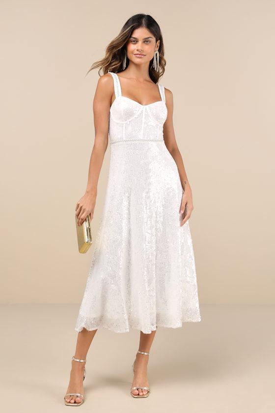 Exceptionally Glamorous White Sequin Pearl Bustier Midi Dress Product Image