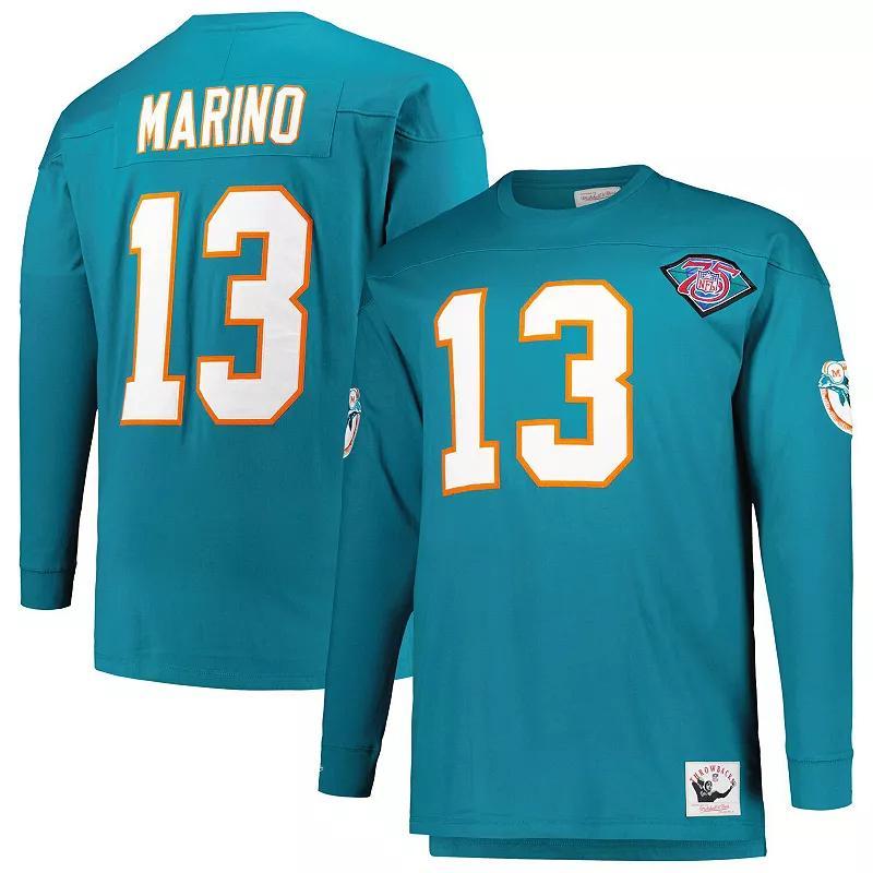 Mens Mitchell & Ness Dan Marino Aqua Miami Dolphins Big and Tall Cut and Sew Player Name and Number Long Sleeve T-shirt Product Image