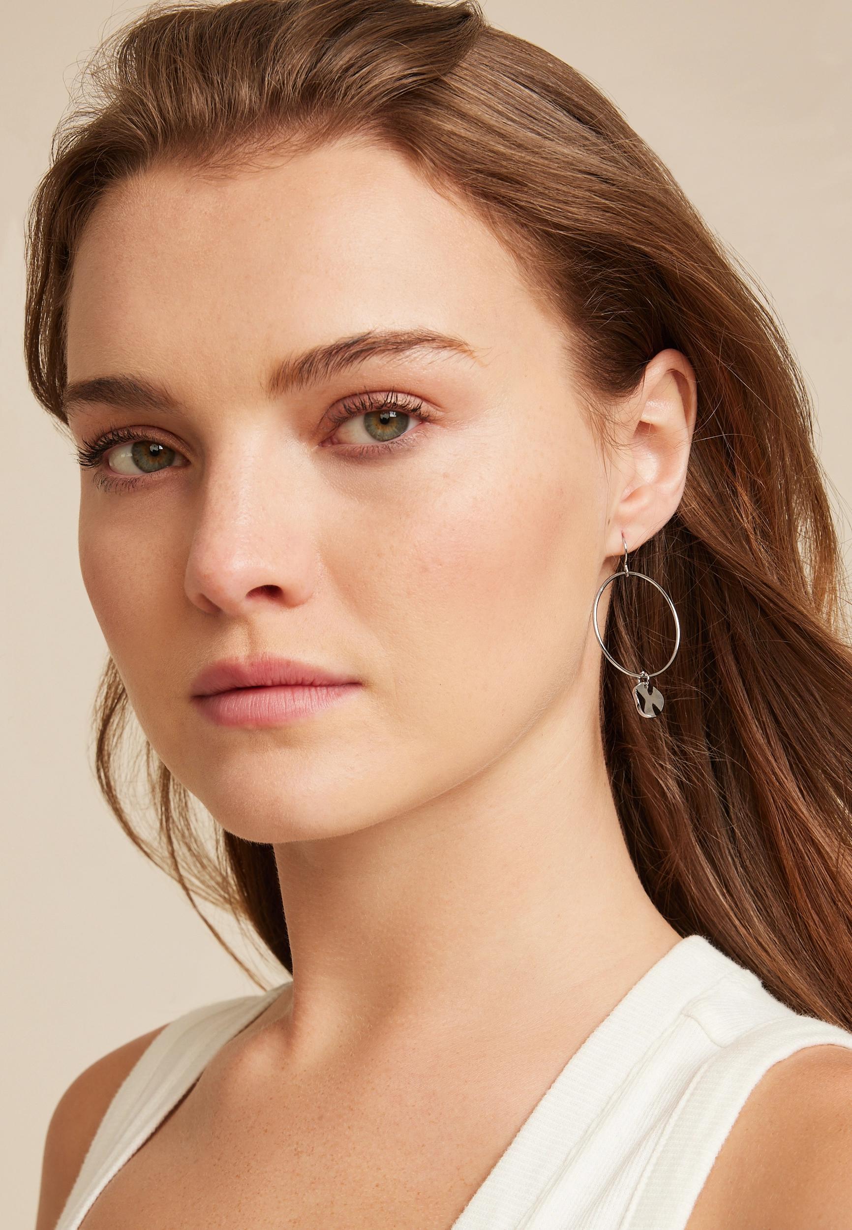 Silver Hammered Disc Charm Hoop Earrings Product Image