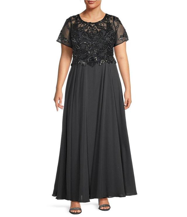 Xscape Plus Size Beaded Bodice Round Neck Short Sleeve Chiffon A-Line Gown Product Image