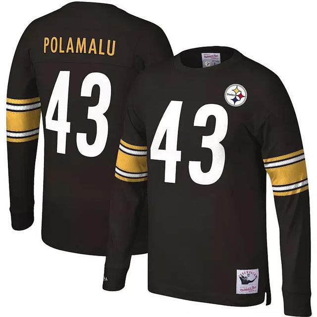 Mens Mitchell & Ness Troy Polamalu Pittsburgh Steelers Throwback Retired Player Name & Number Long Sleeve Top Product Image