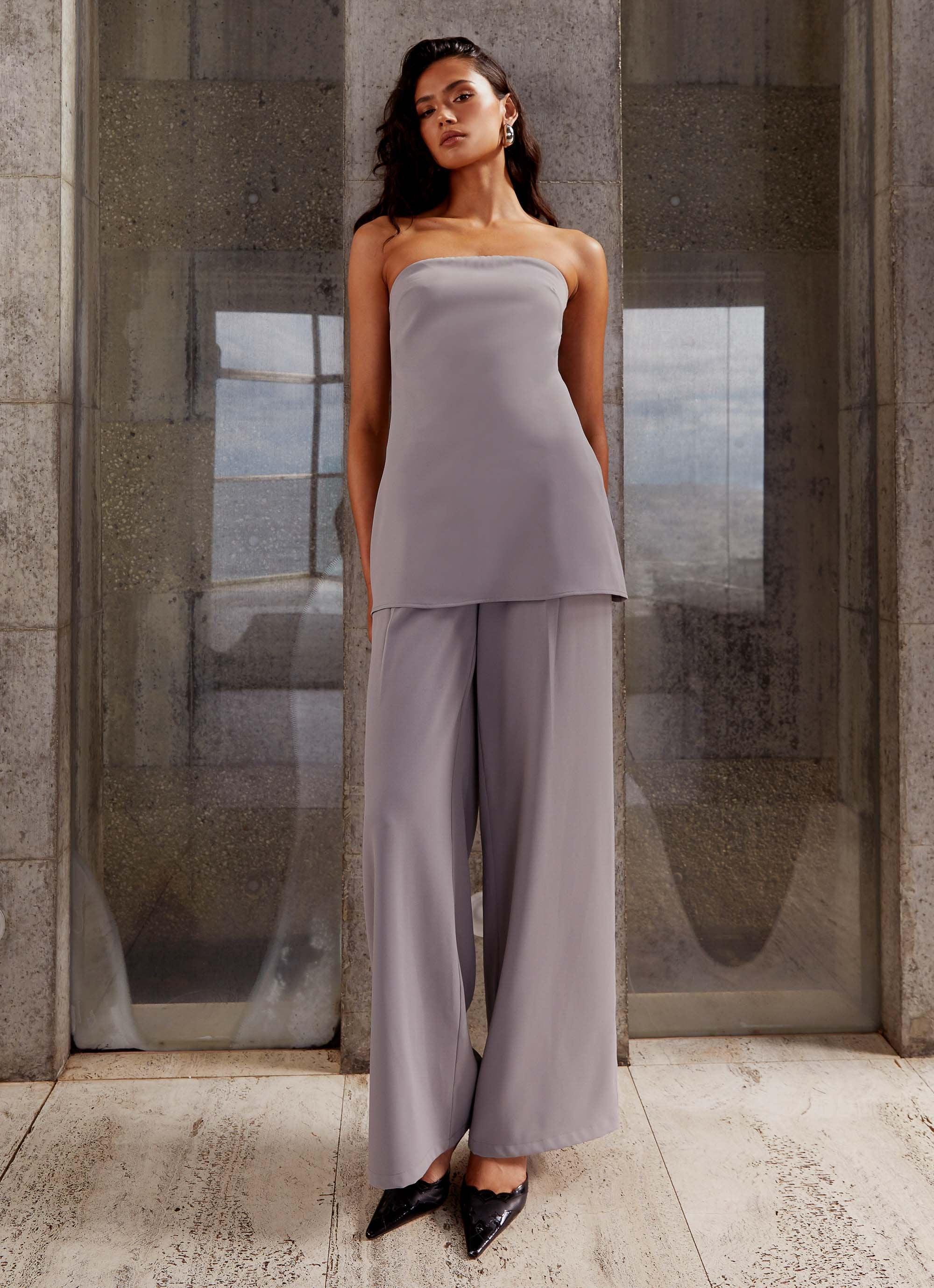 Elle Wide Leg Tailored Pants - Grey product image