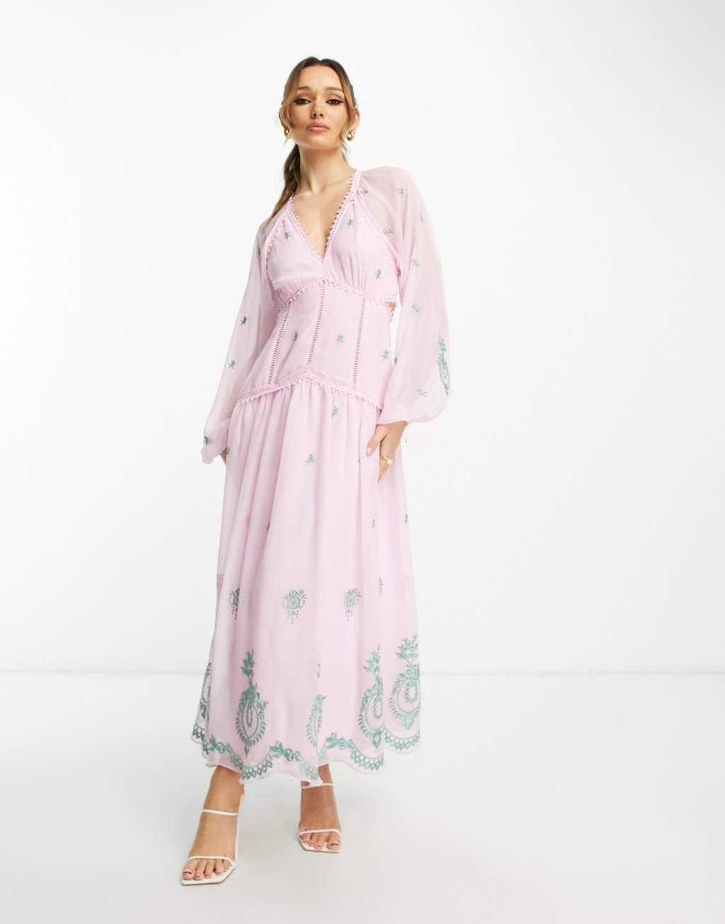 ASOS DESIGN v neck open back embroidered maxi dress with trim detail in pink Product Image