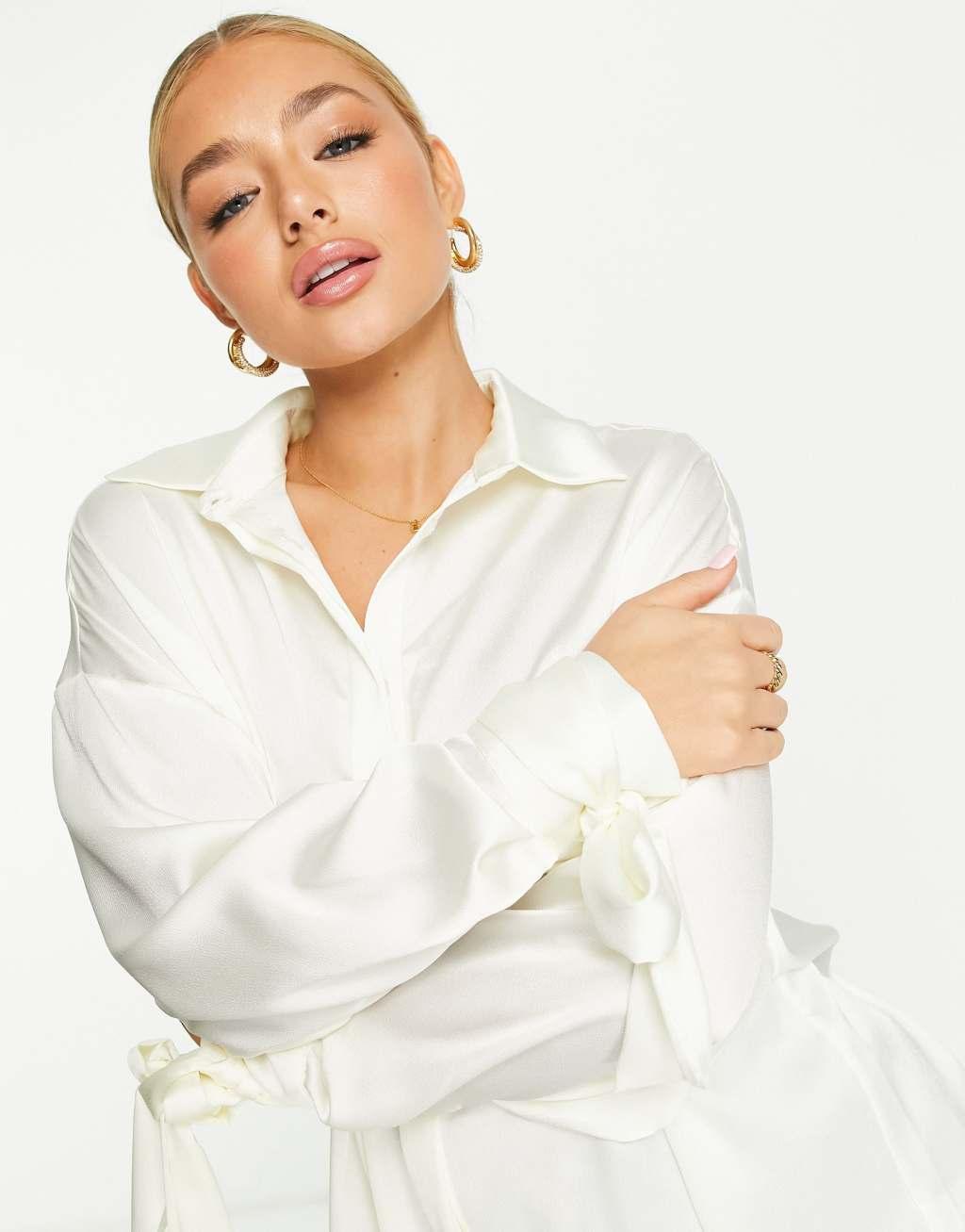 ASOS DESIGN oversized satin shirt with tie cuff detail in cream Product Image