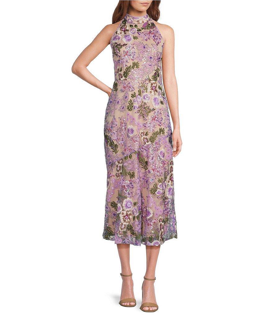 Sam Edelman Floral Lace Sequin Mock Neck Sleeveless Tie Back Midi Dress Product Image