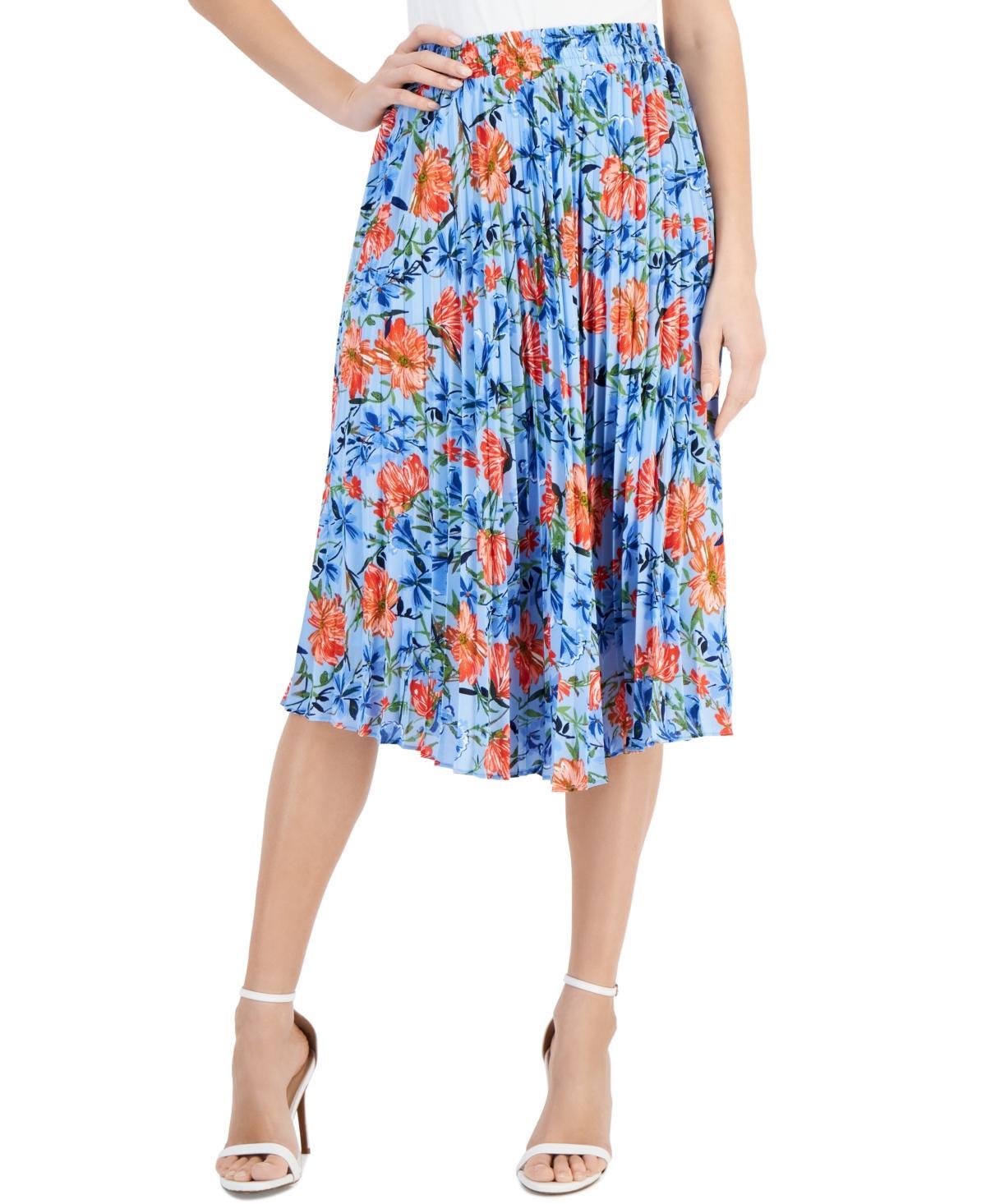 T Tahari Womens Floral Printed Elastic-Waist Pull-On Pleated Midi Skirt product image