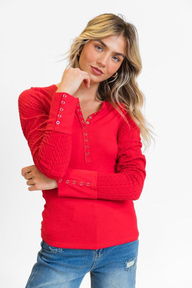 All The Better Red Cable Knit Sleeve Knit Henley Top FINAL SALE Product Image