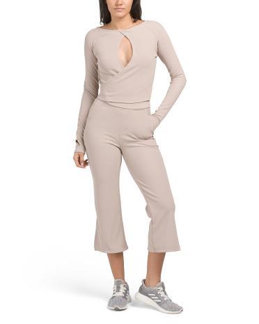 2pc Cut Out Back Wrap Long Sleeve Top And Ribbed Side Slit Pants for Women | Polyester/Spandex Product Image