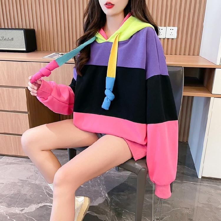 Color Block Drawstring Oversized Hoodie Product Image