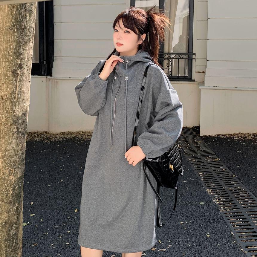 Plus Size Long-Sleeve Half-Zip Hoodie Dress Product Image