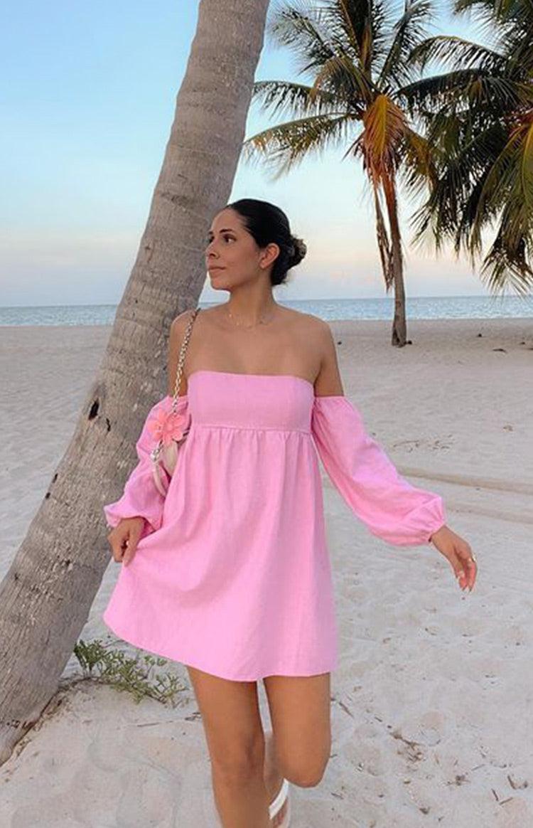 Koa Pink Off Shoulder Linen Mini Dress product image