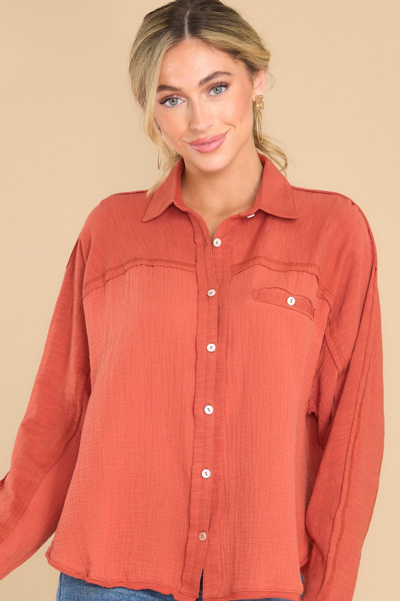 Carolina Chic Orange Gauze Button Front Top Product Image