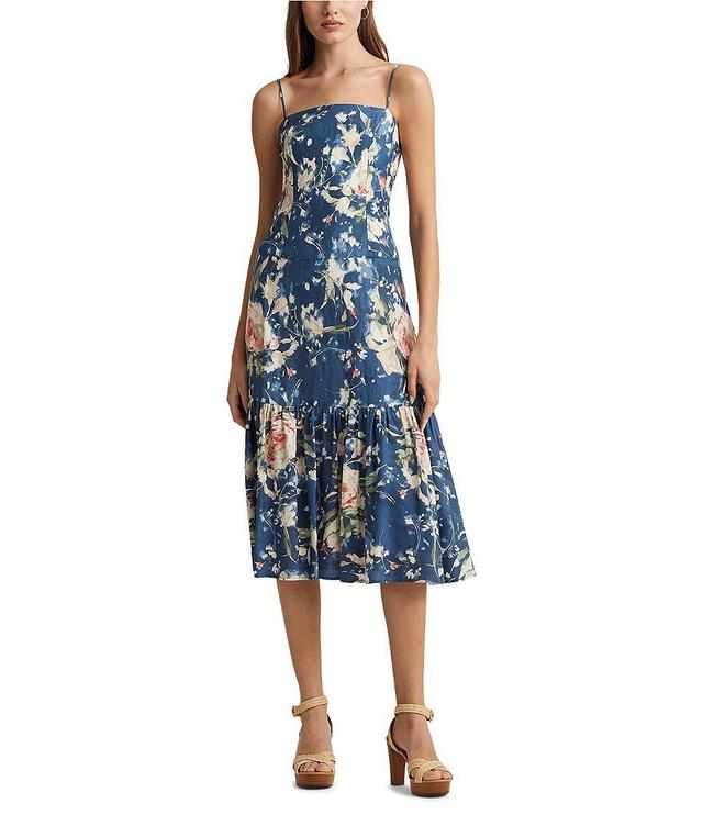 Lauren Ralph Lauren Kalismae Linen-Blend Floral Square Neck A-Line Tiered Midi Dress Product Image