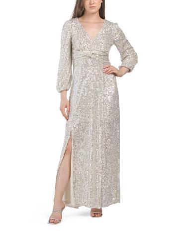 Long Sleeve Twist Front Sequin Gown for Women | Polyester Product Image