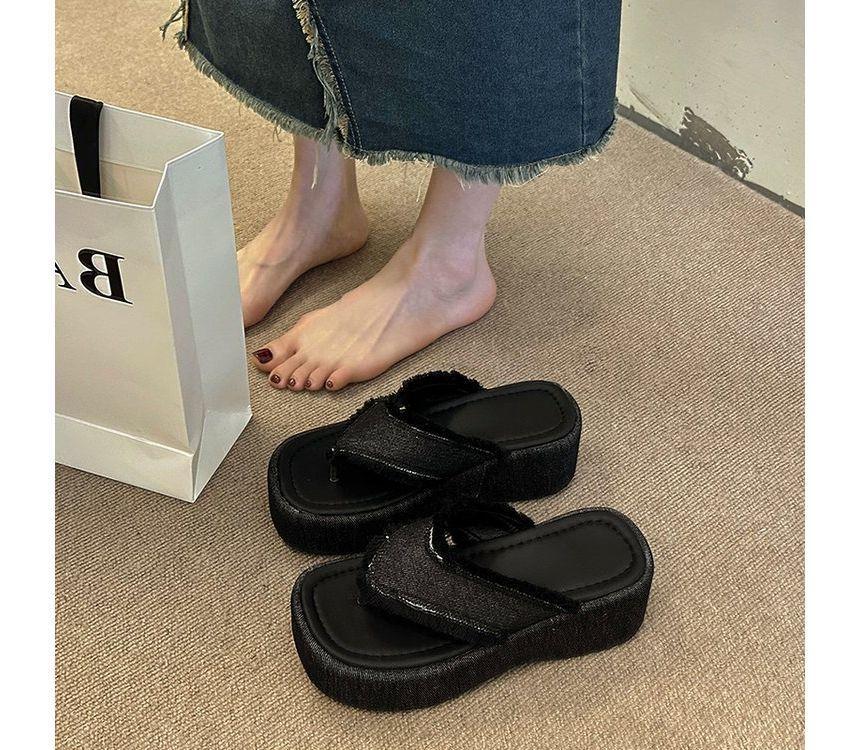 Fringed Trim Denim Platform Flip-Flops Product Image