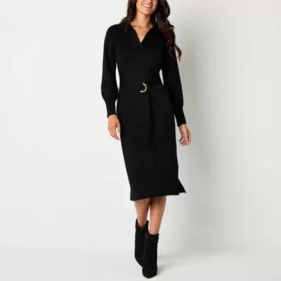 Maia Womens Long Sleeve Belted Midi Sweater Dress product image