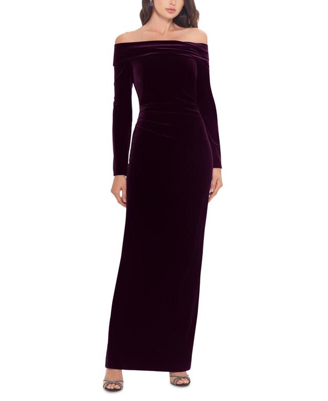 Xscape Womens Off-The-Shoulder Long-Sleeve Velvet Gown Product Image