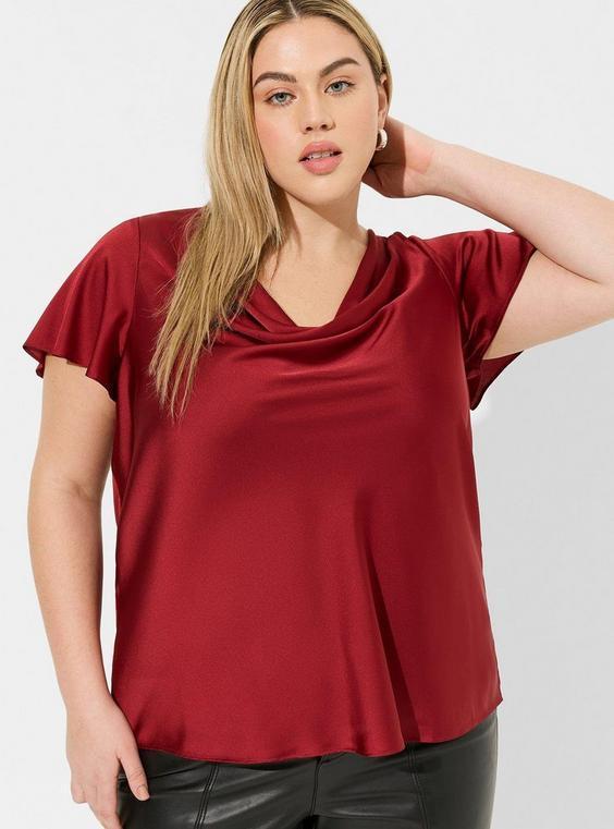 Satin Cowl Neck Short Sleeve Blouse Product Image