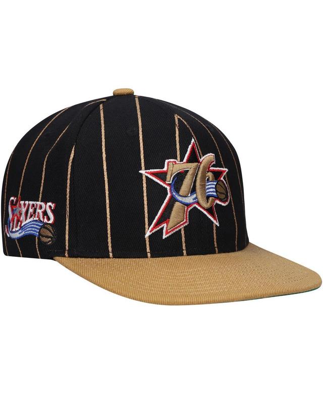 Mens Mitchell & Ness Black/Gold Philadelphia 76ers Hardwood Classics Pinstripe Snapback Hat Product Image