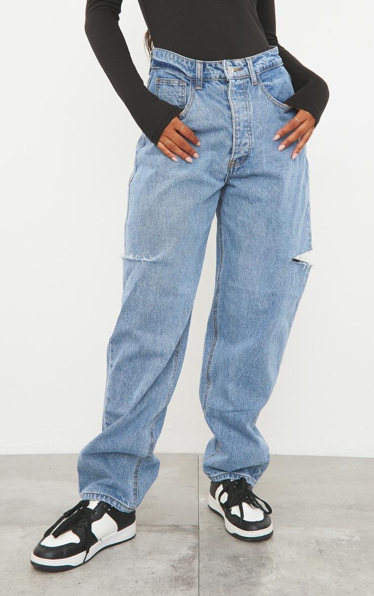 Mid Wash Thigh Split Baggy Boyfriend Jeans Product Image