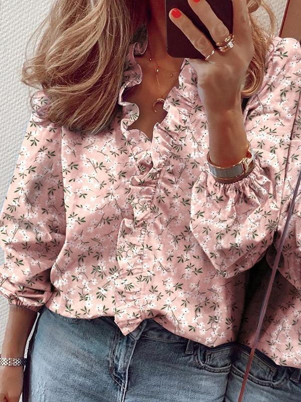 Trendy Puff Sleeves Printed V-Neck Blouses Product Image