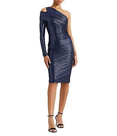 Lauren Ralph Lauren Metallic Knit Cut-Out One Shoulder Sheath Dress Product Image